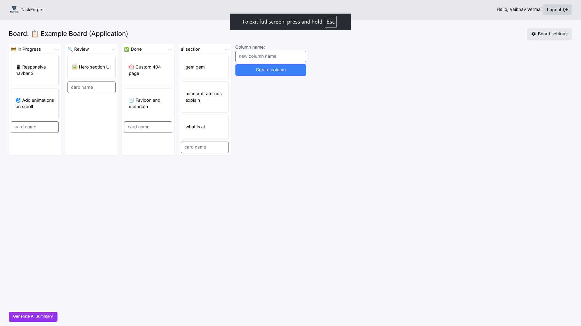 Example Board with In Progress / Review / Done / ai section columns and cards