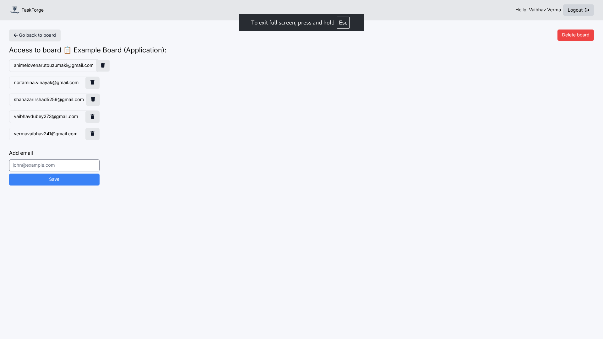 Per-board ACL screen listing collaborator emails with remove buttons