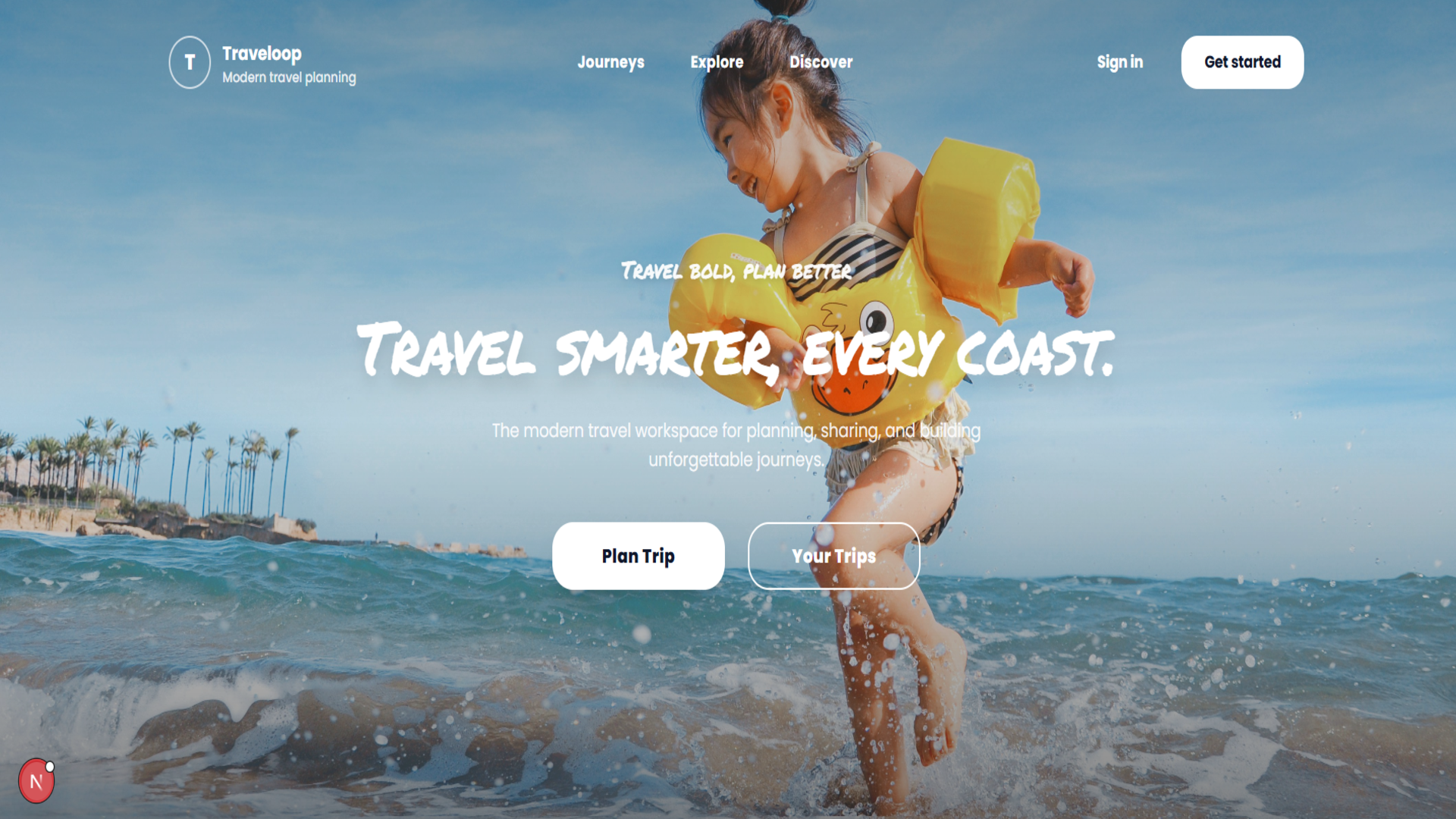 Traveloop landing page — full-bleed beach hero with handwritten headline